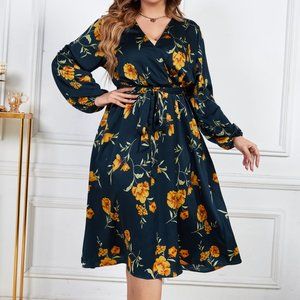 Melo Apparel Plus Size Floral Print Surplice Neck Midi Dress